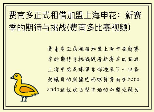 费南多正式租借加盟上海申花：新赛季的期待与挑战(费南多比赛视频)